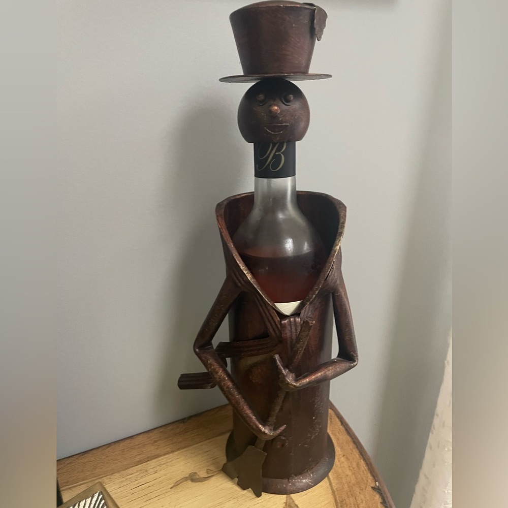 Brubaker Vintage Metal Wine Bottle Holder Caddy Man in Top Hat Sculpture 14”